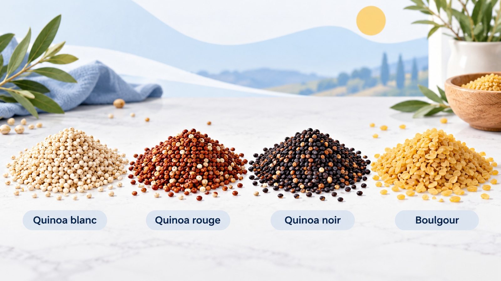 Quinoa blanc, rouge, noir et boulgour crus