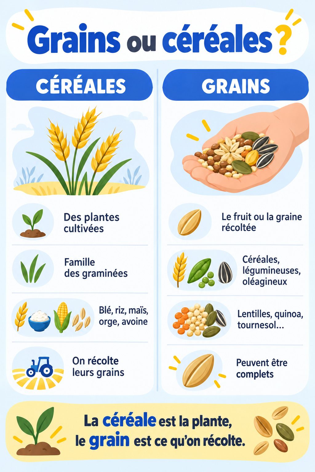 Différence entre grains et céréales : infographie comparative