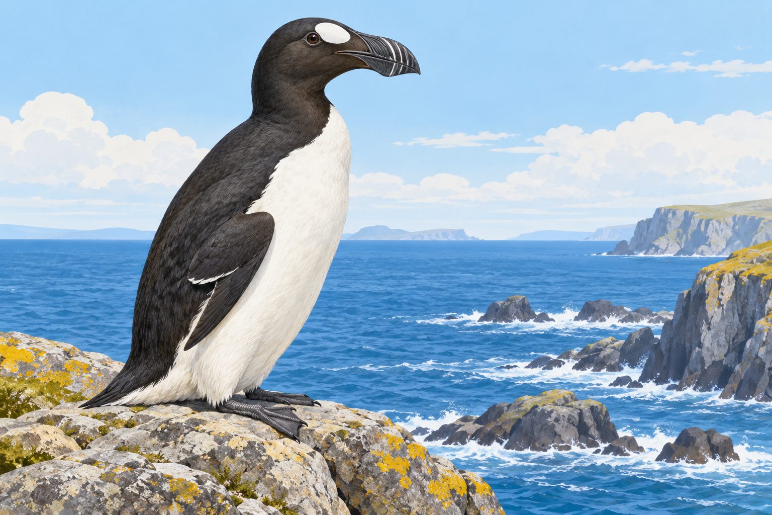 Illustration naturaliste du grand pingouin, oiseau marin disparu en 1844