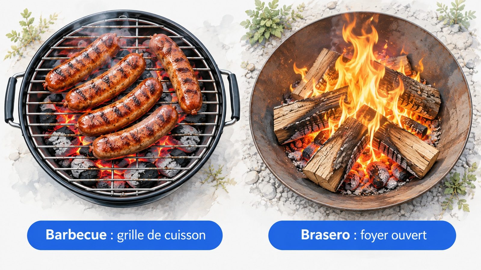 Comparaison d'un barbecue avec des brochettes sur la grille et d'un brasero en acier avec un feu de bois
