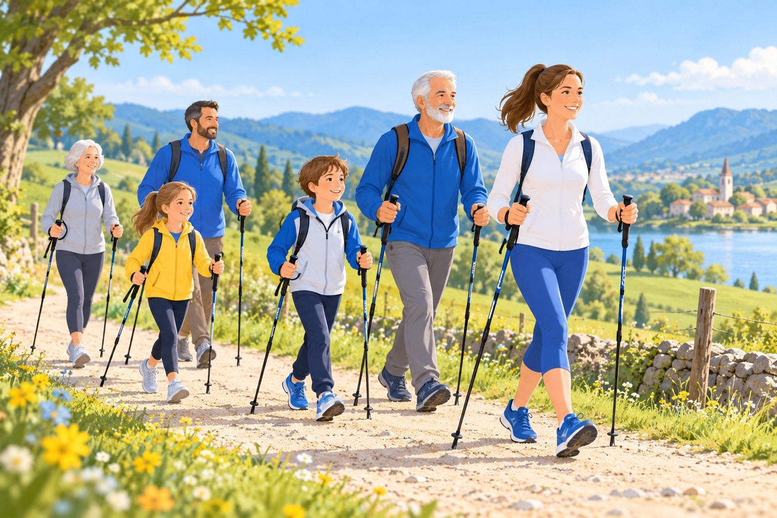 Groupe de personnes de tous âges pratiquant la marche nordique sur un chemin de campagne au soleil