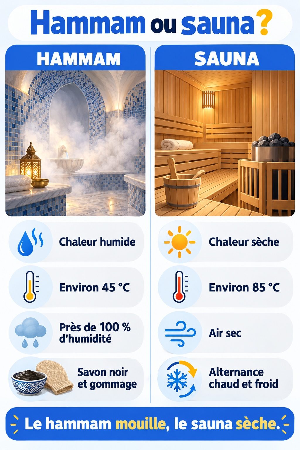 Différence entre hammam et sauna : infographie comparative
