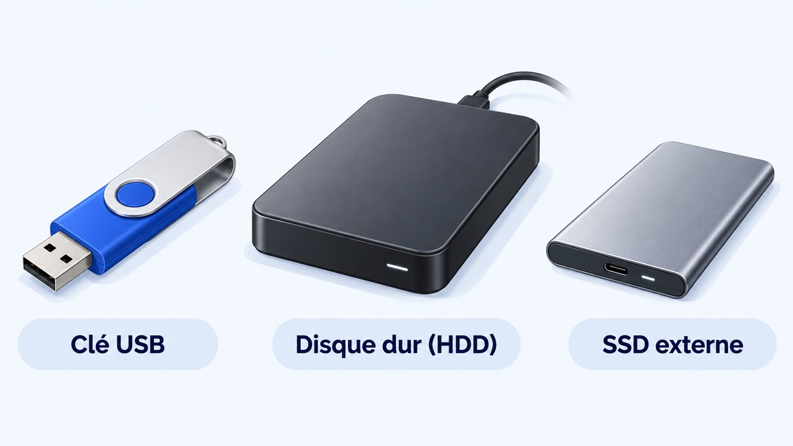 Comparaison d'une clé USB, d'un disque dur externe mécanique et d'un SSD externe posés sur un bureau