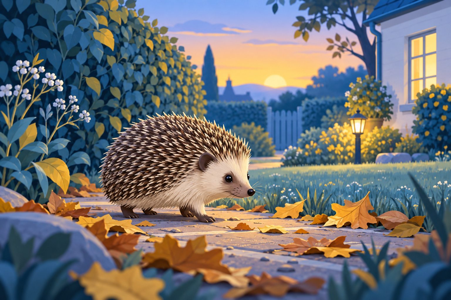 Hérisson se promenant le soir dans un jardin entre des feuilles mortes et une haie