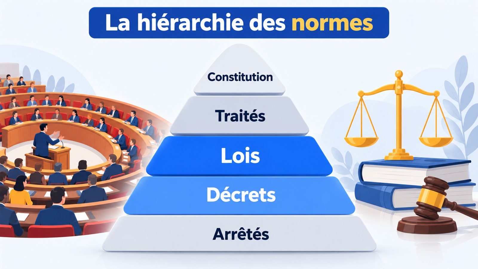 Pyramide de la hiérarchie des normes avec la Constitution au sommet, puis les traités, les lois, les décrets et les arrêtés