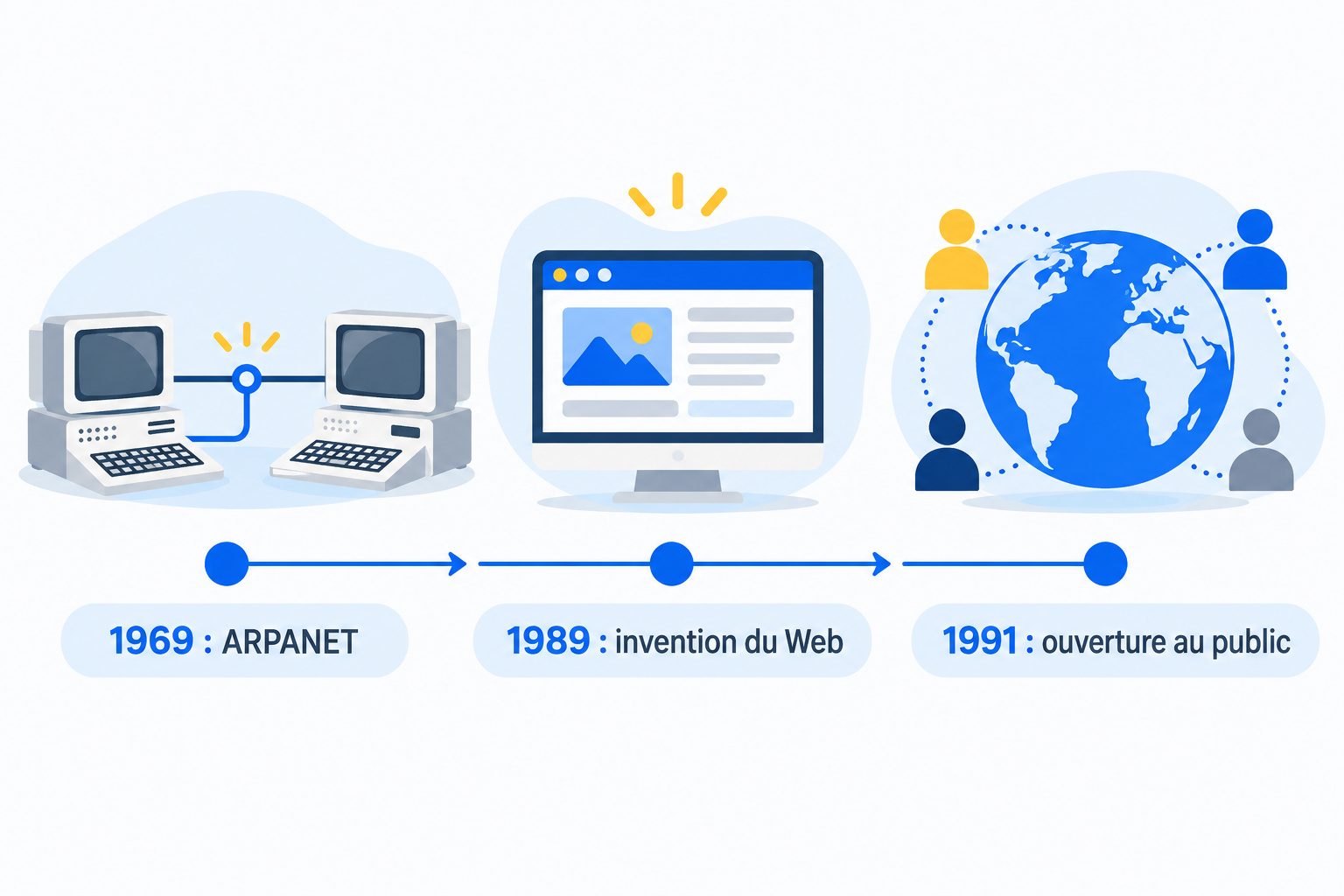 Frise chronologique d'ARPANET en 1969 à l'invention du Web en 1989 et à son ouverture en 1991