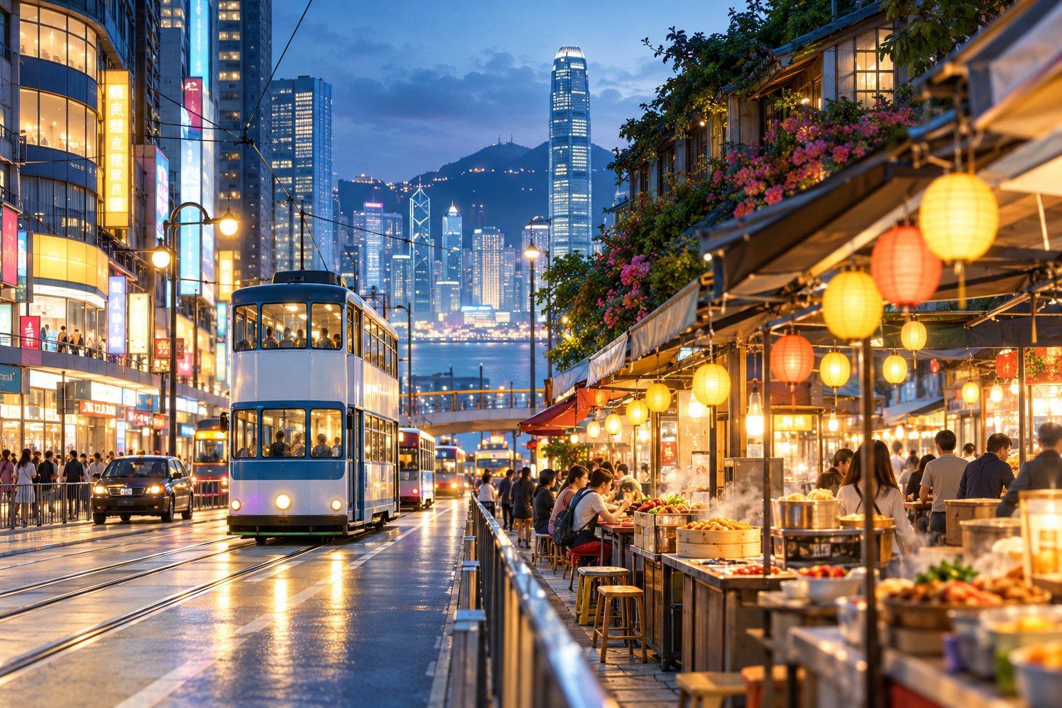 Rue de Hong Kong avec un tramway à deux étages et marché de nuit à Taïwan