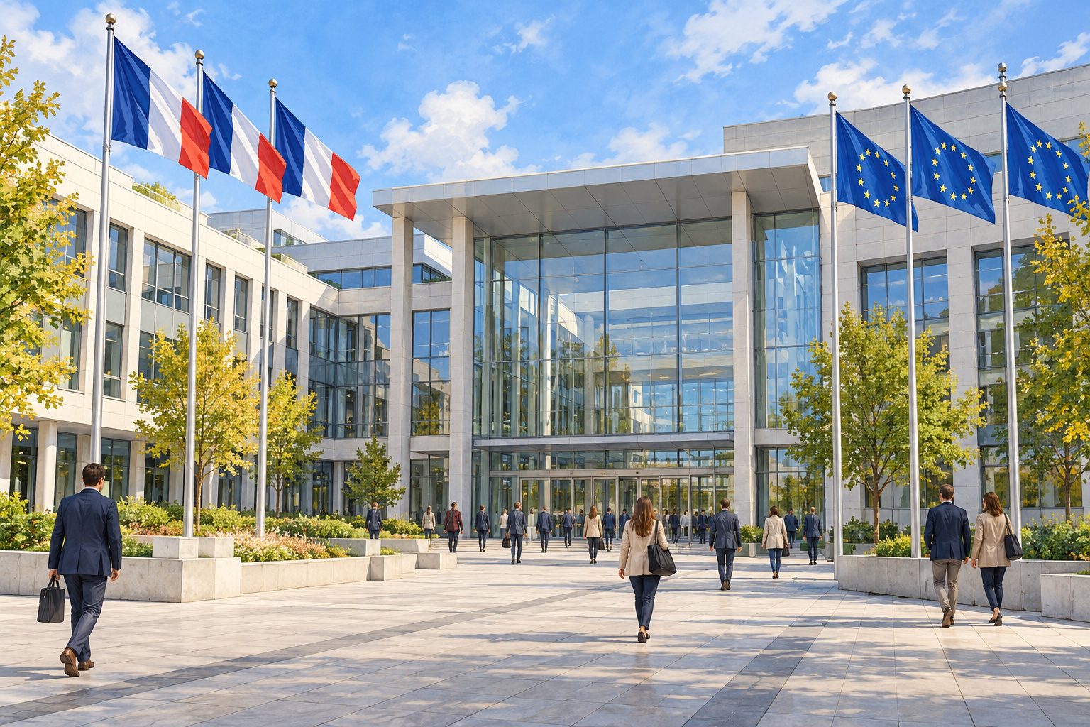 Façade d'un bâtiment administratif moderne avec des drapeaux français et européens