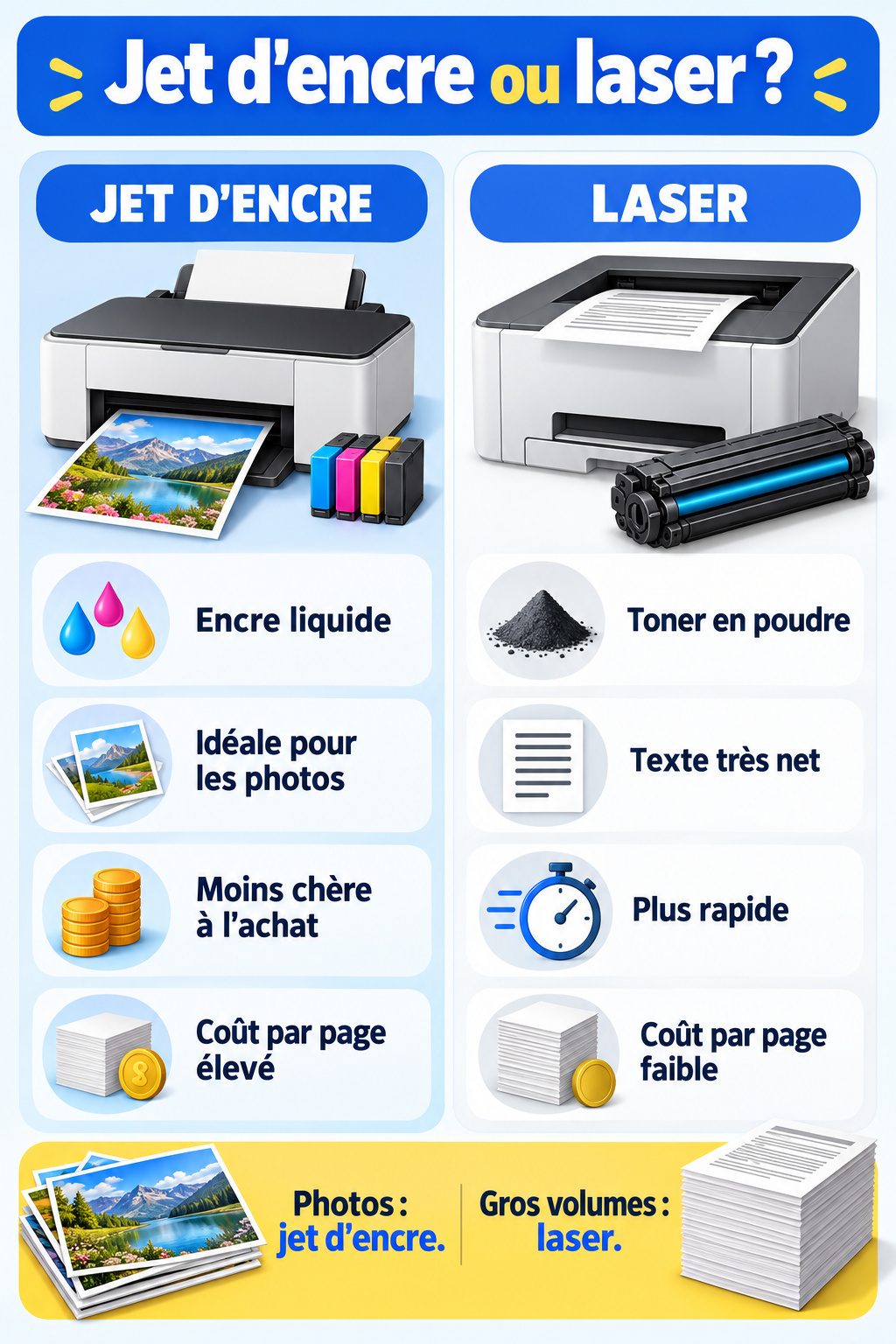 Différence entre imprimante jet d'encre et imprimante laser : infographie comparative