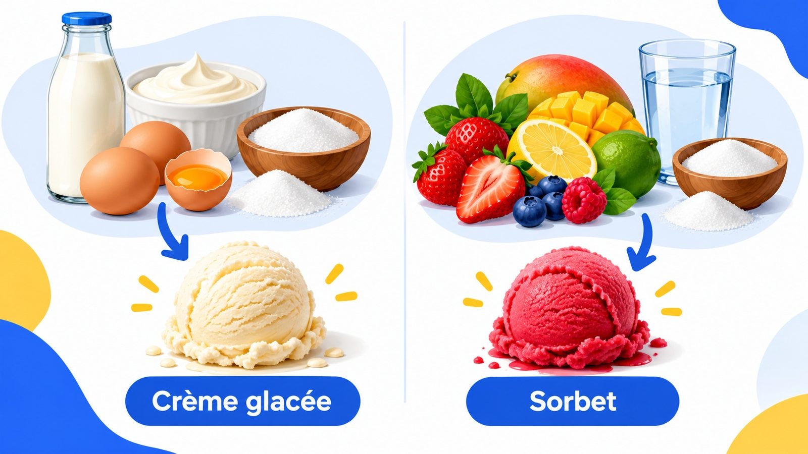 Comparaison des ingrédients d'une crème glacée (lait, crème, œufs, sucre) et d'un sorbet (fruits, eau, sucre)