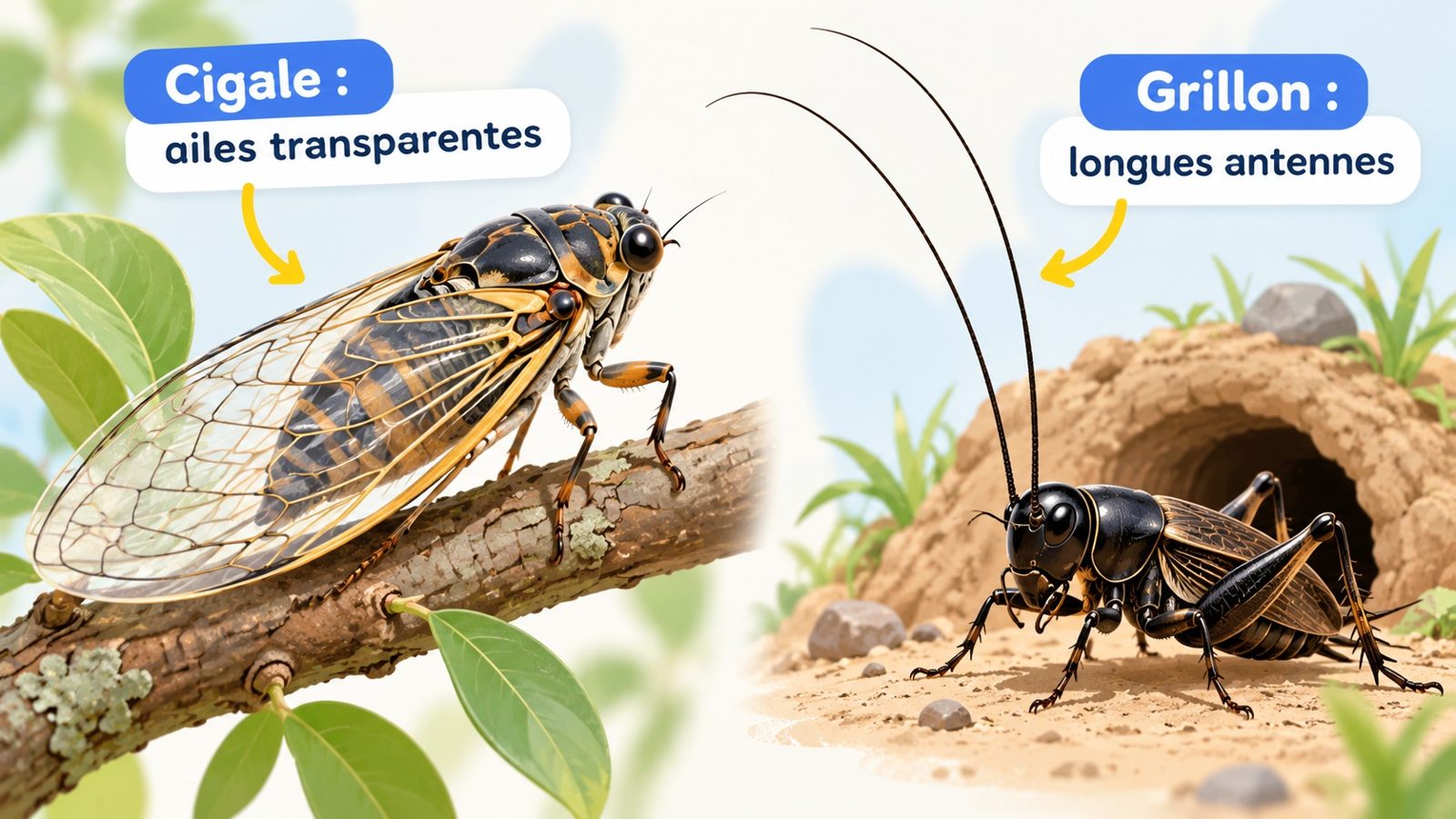 Comparaison en gros plan d'une cigale aux grandes ailes transparentes posée sur une branche et d'un grillon noir aux longues antennes devant son terrier
