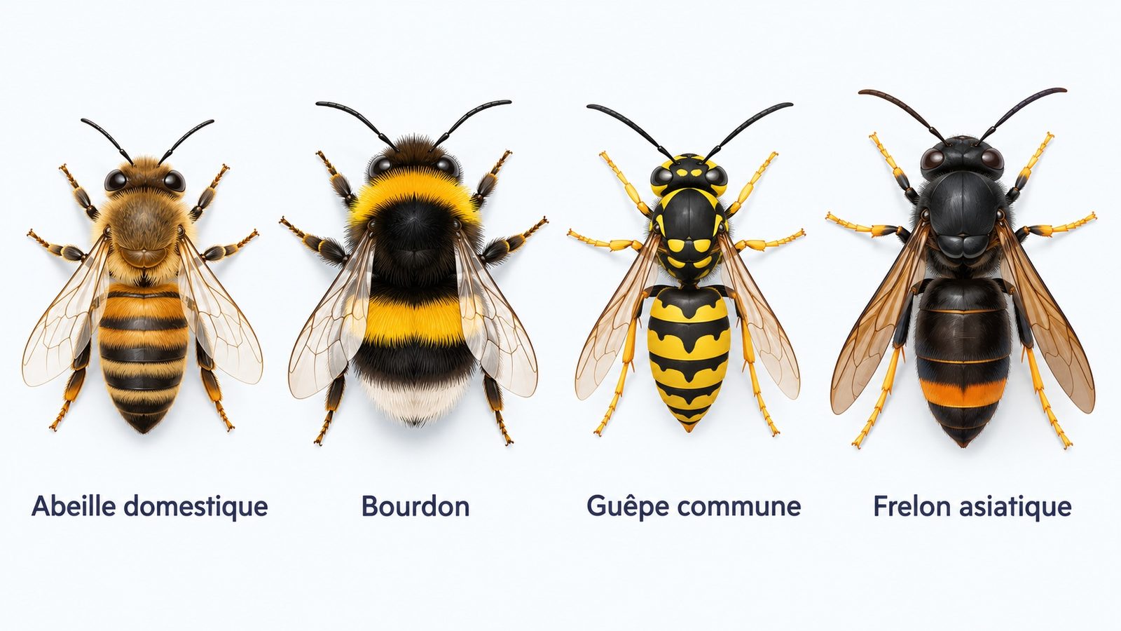 Abeille domestique, bourdon, guêpe commune et frelon asiatique