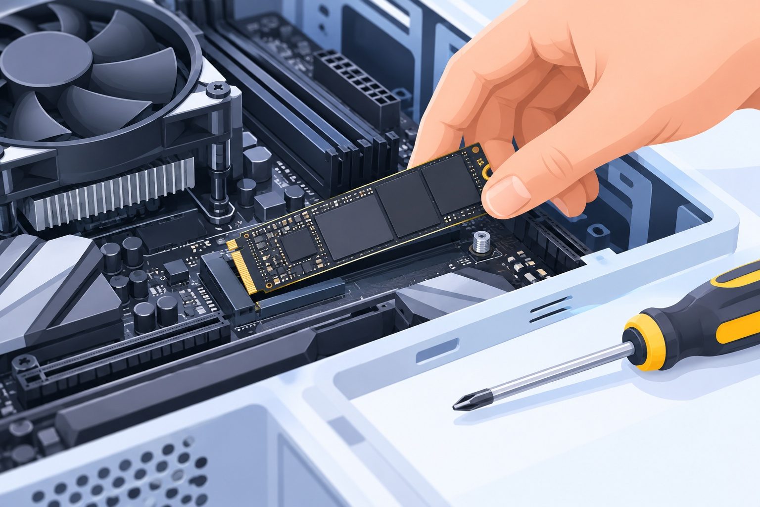 Main qui installe une barrette SSD M.2 sur la carte mère d'un ordinateur ouvert, avec un tournevis posé à côté