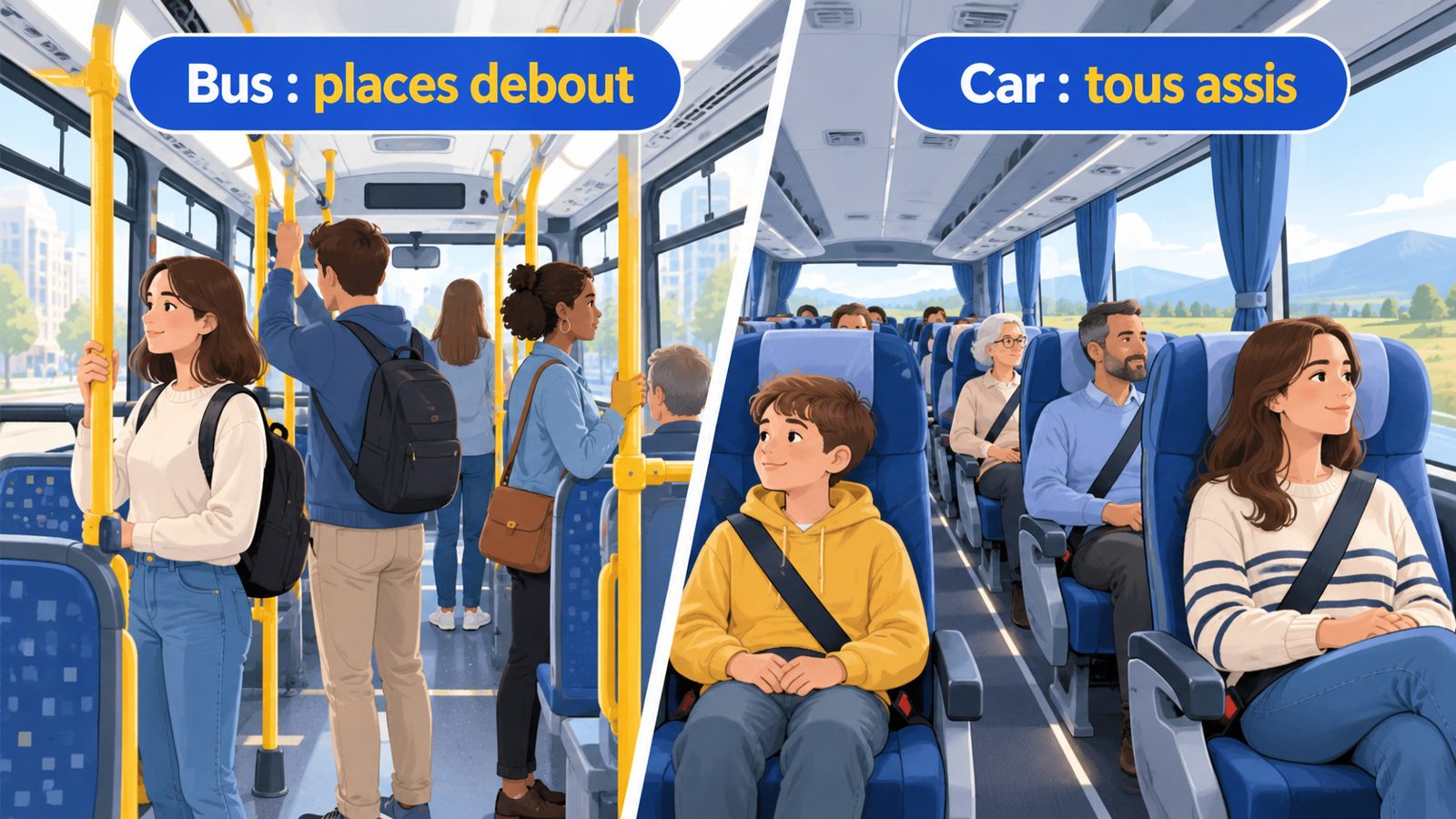 Comparaison de l'intérieur d'un bus avec des barres et des places debout et de l'intérieur d'un car avec des sièges confortables