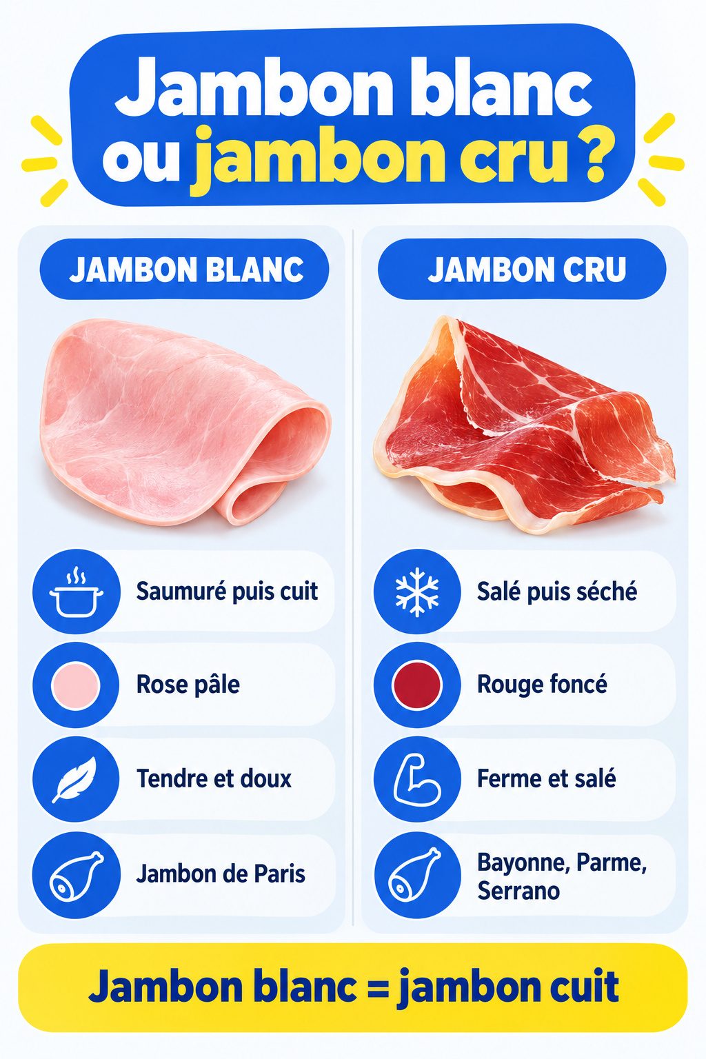Différence entre jambon blanc et jambon cru : infographie comparative