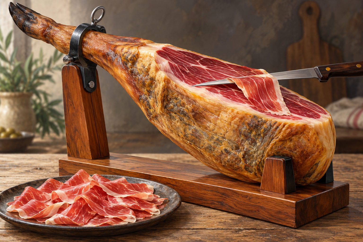 Jambon cru entier posé sur un support à jambon en bois, avec un couteau qui découpe une fine tranche