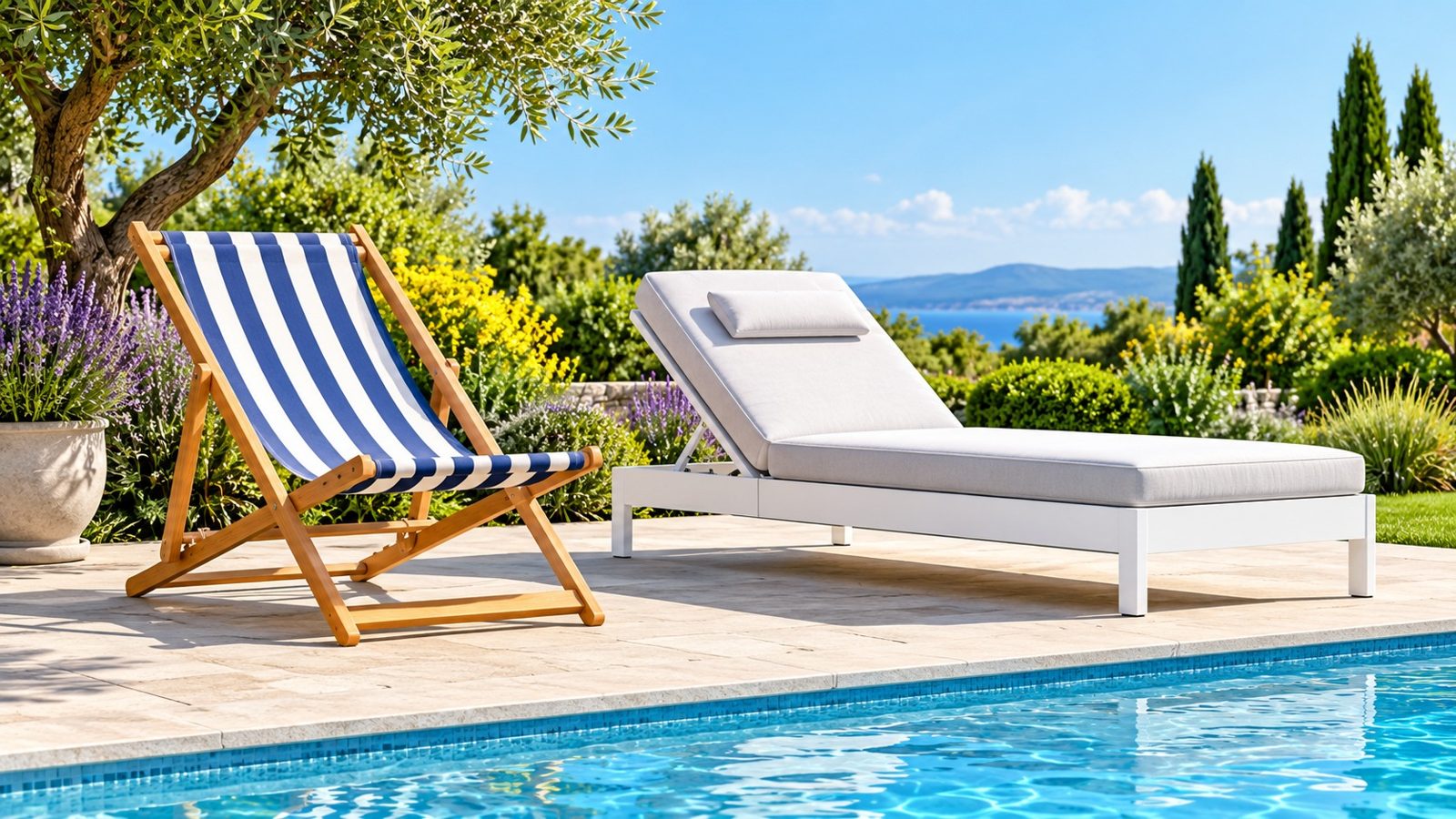 Jardin ensoleillé avec un transat en bois et toile rayée à côté d'une chaise longue blanche à dossier réglable munie d'un matelas, au bord d'une piscine