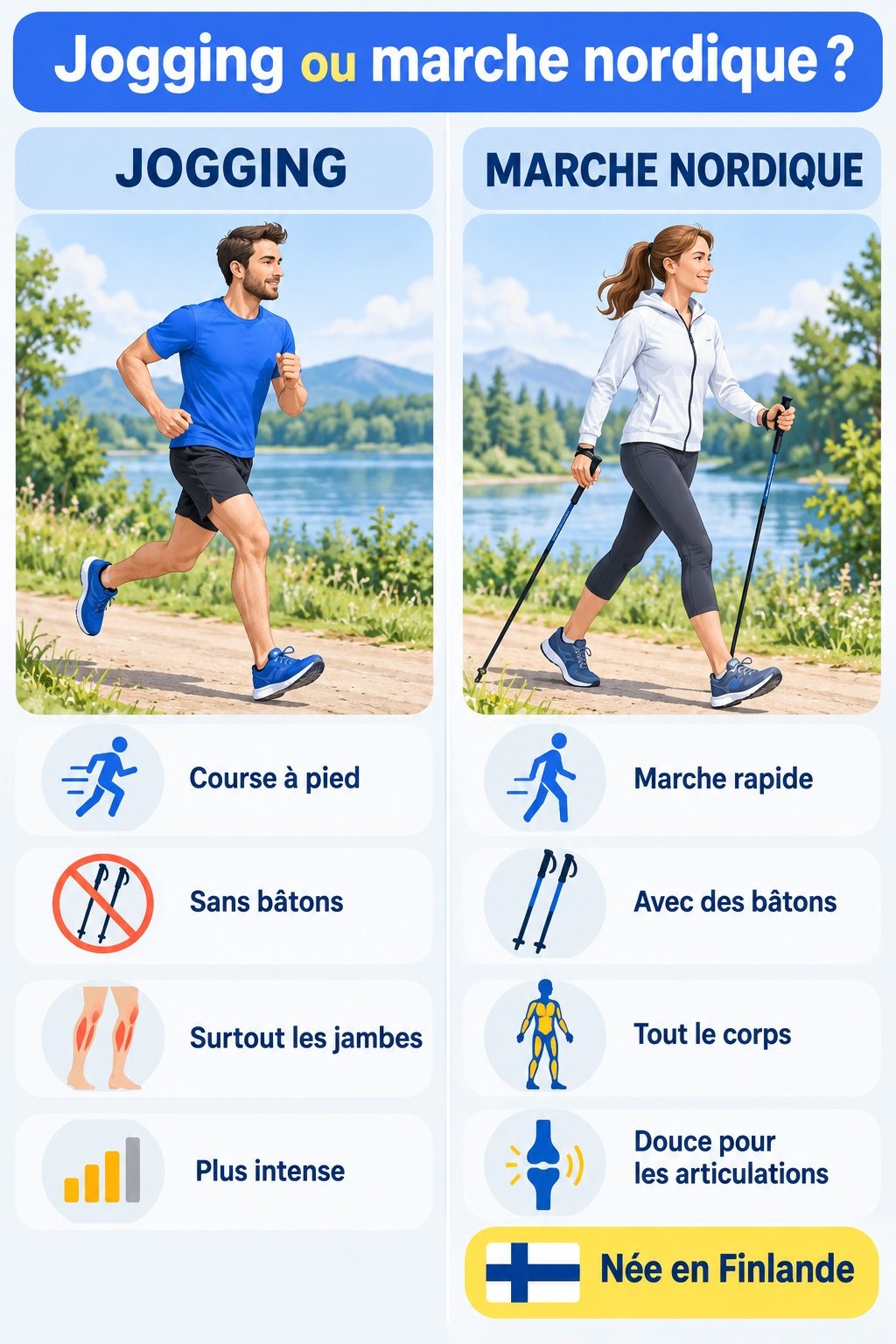 Différence entre jogging et marche nordique : infographie comparative