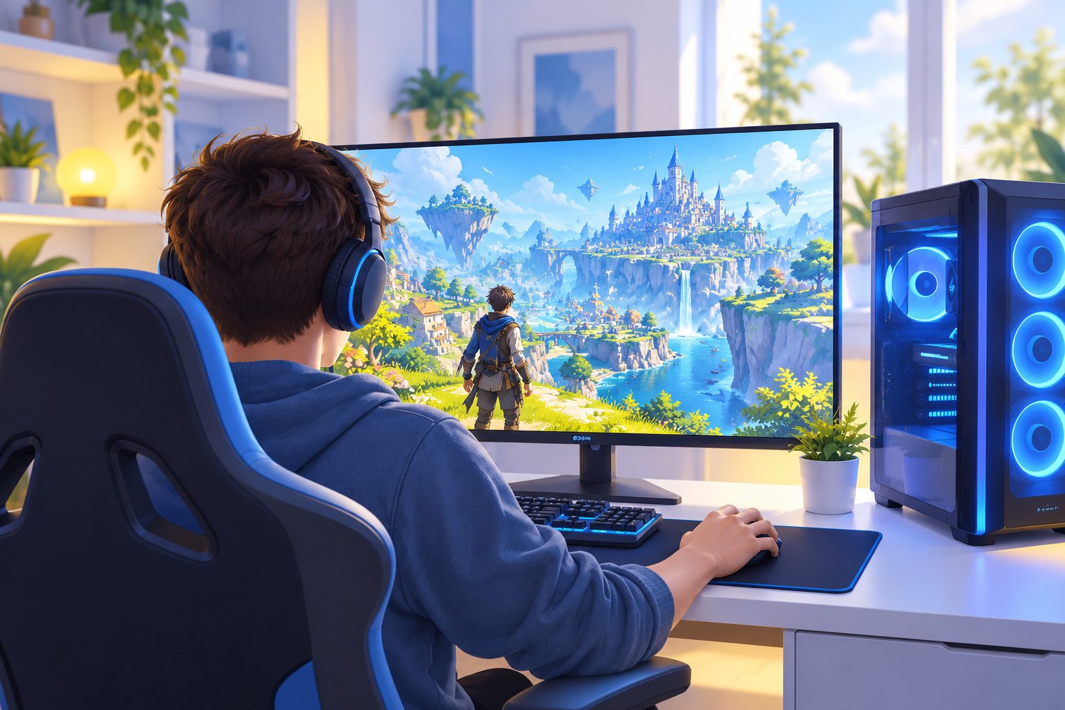Joueur de dos devant un écran d'ordinateur affichant un jeu vidéo coloré en 3D, avec une tour de PC éclairée à côté