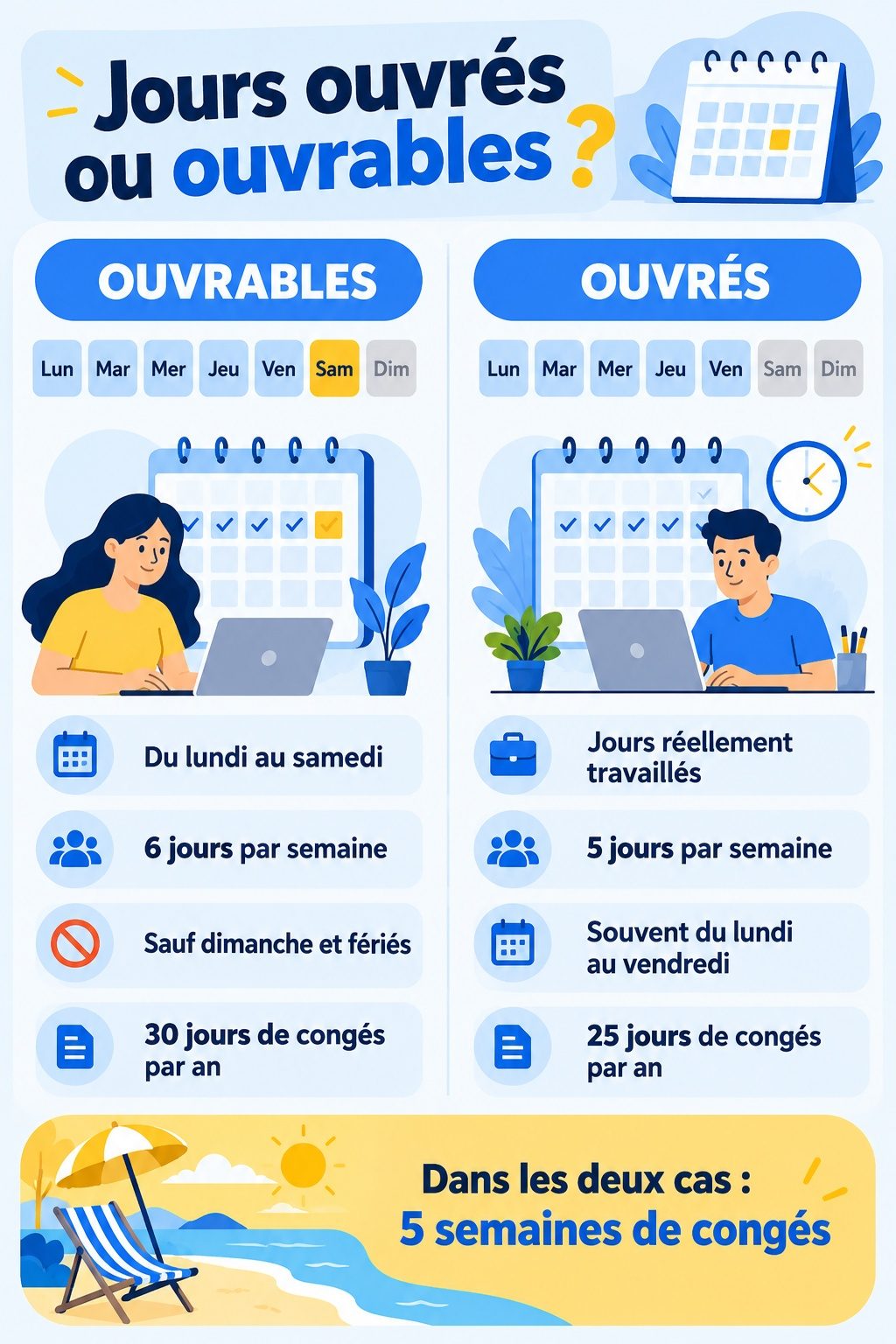 Différence entre jours ouvrés et jours ouvrables : infographie comparative