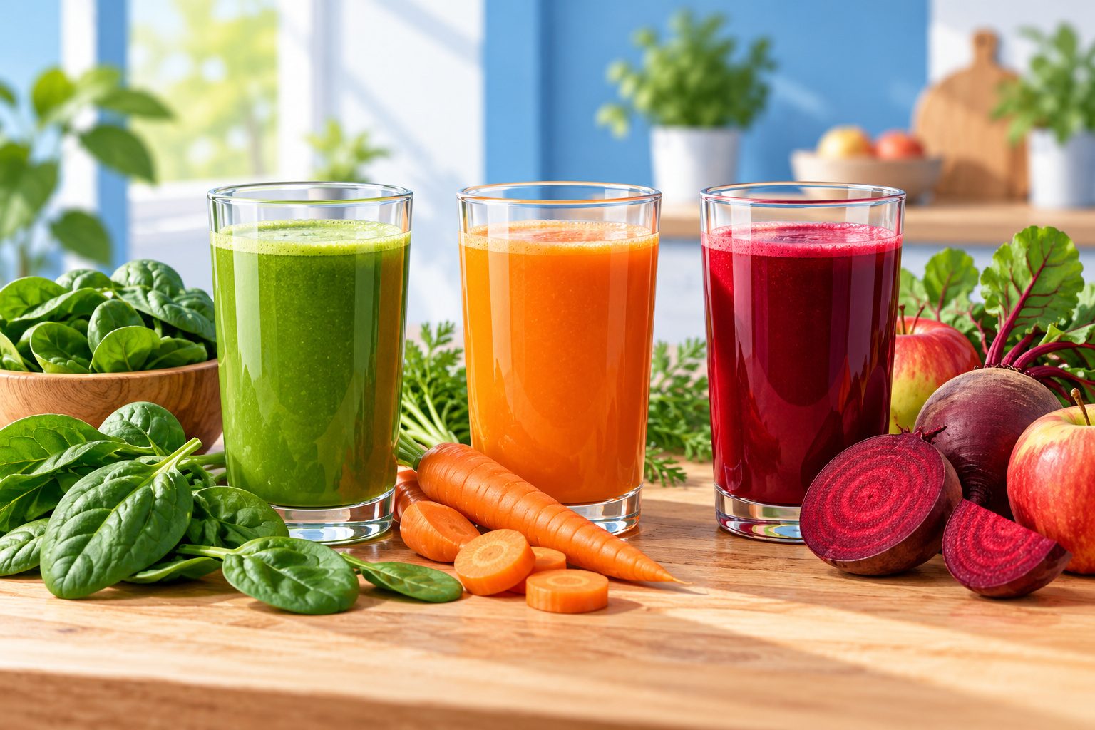 Verres de jus vert, de jus de carotte et de jus de betterave avec des fruits et légumes frais