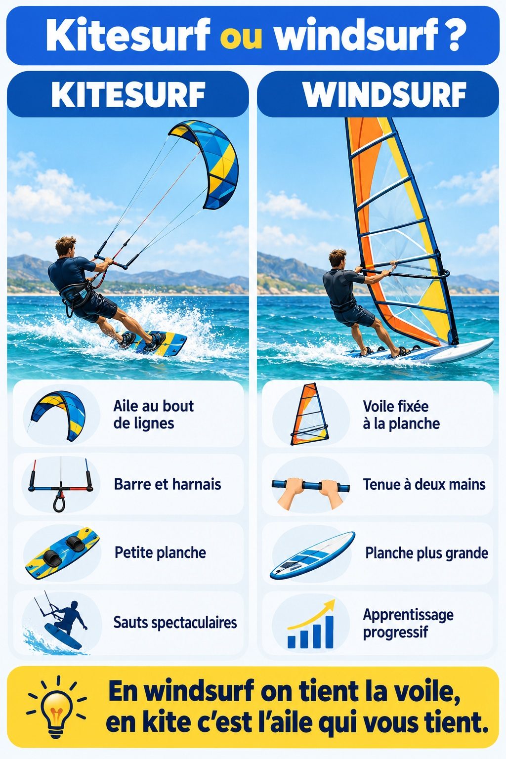 Différence entre kitesurf et windsurf : infographie comparative