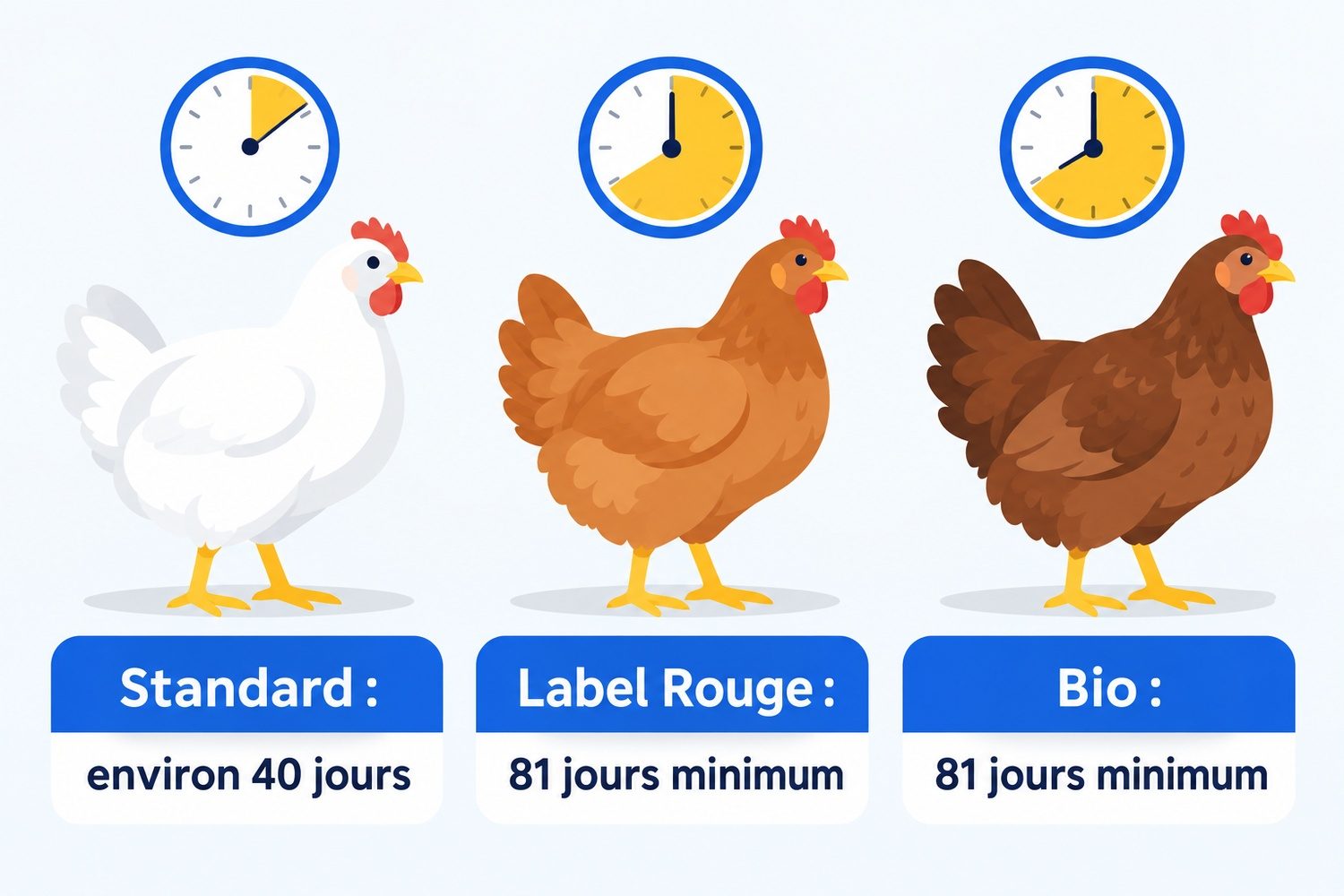 Durée d'élevage d'un poulet standard, Label Rouge et bio