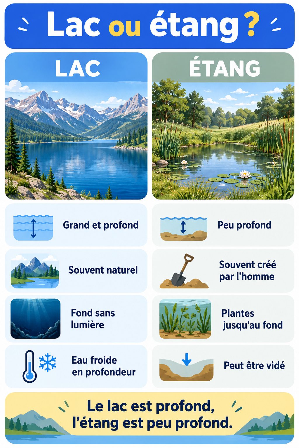 Différence entre lac et étang : infographie comparative