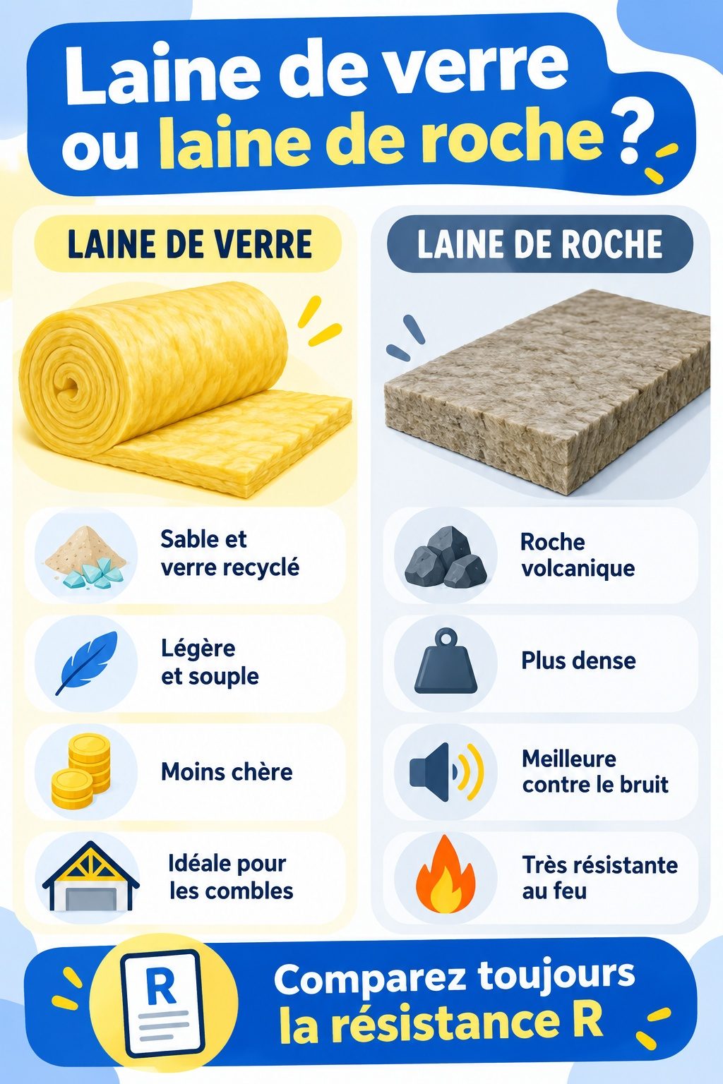 Différence entre laine de verre et laine de roche : infographie comparative