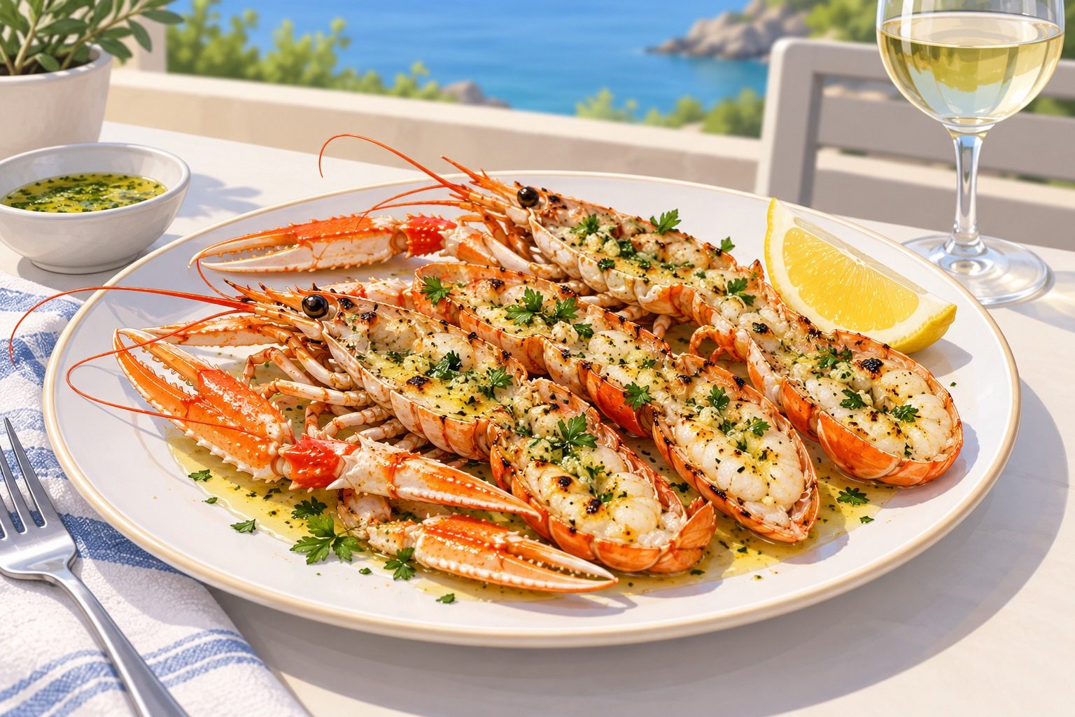 Assiette de langoustines grillées coupées en deux, arrosées de beurre aux herbes, avec un quartier de citron, sur une table en terrasse