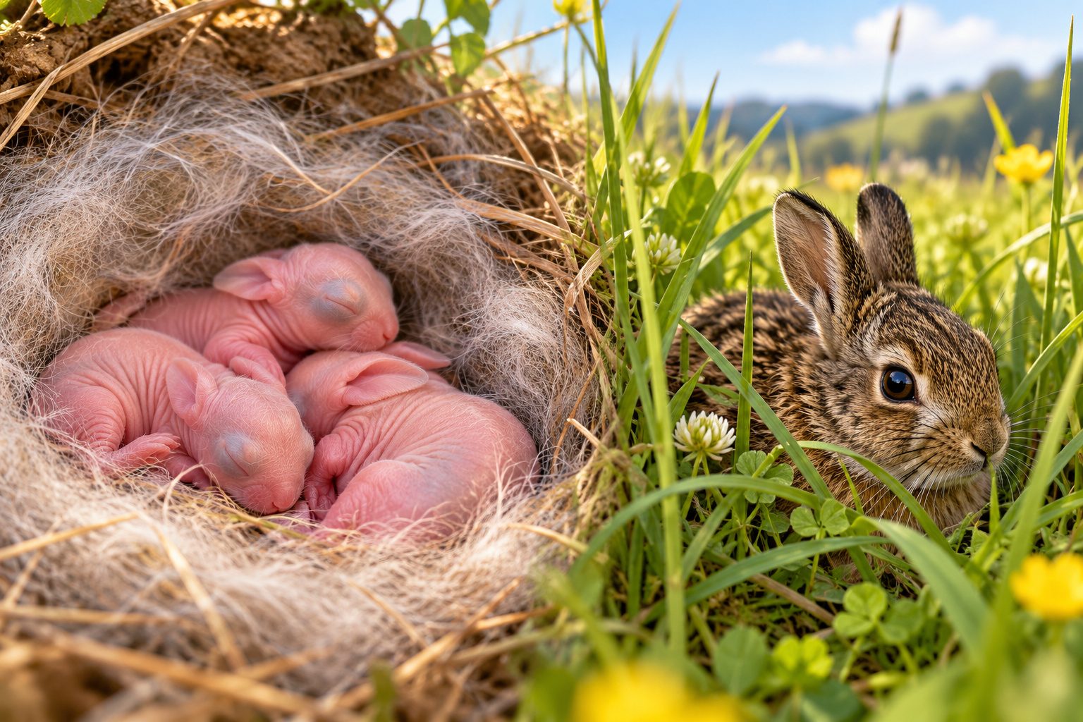 Un lapereau nu dans un nid de poils et un levraut au pelage fourni dans l'herbe