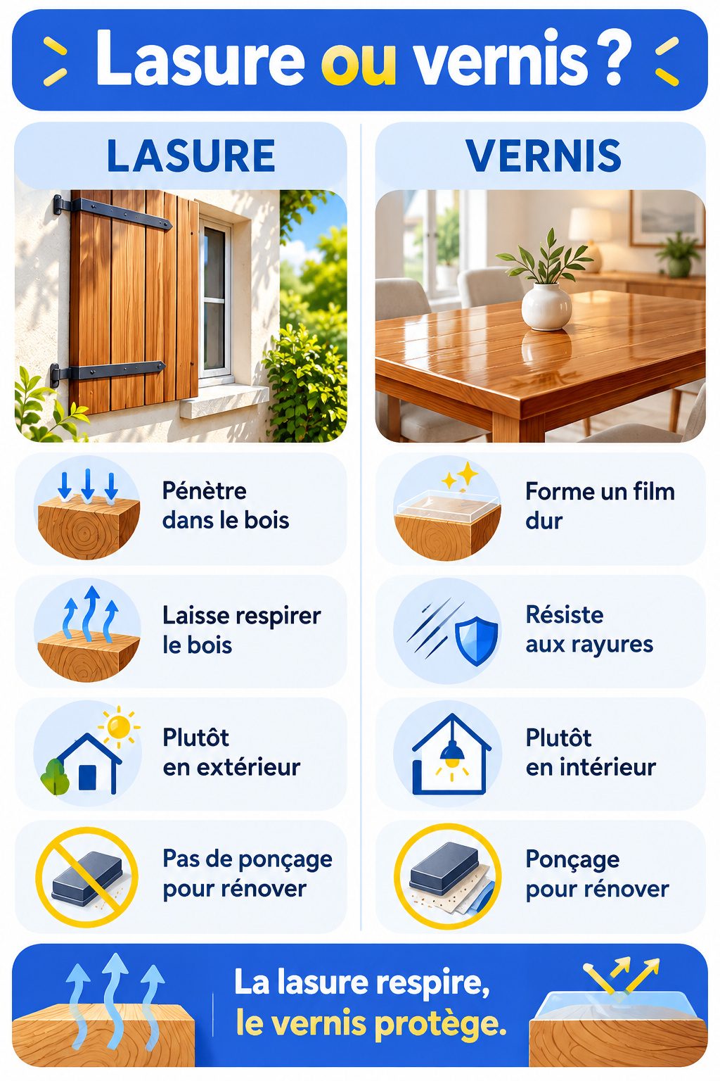 Différence entre lasure et vernis : infographie comparative