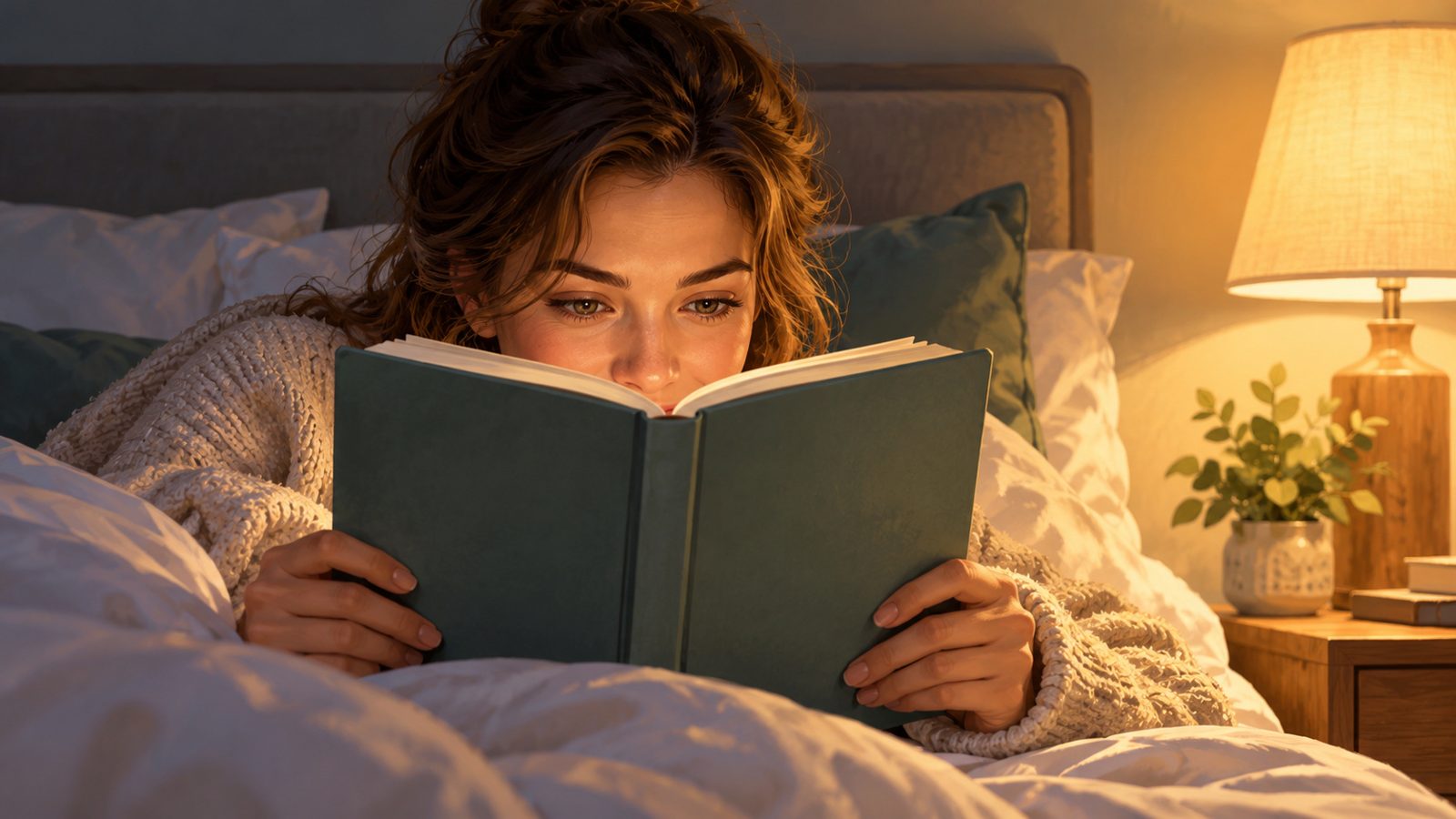 Lectrice captivée qui tient un livre près de son visage, le soir, à la lumière d'une lampe de chevet