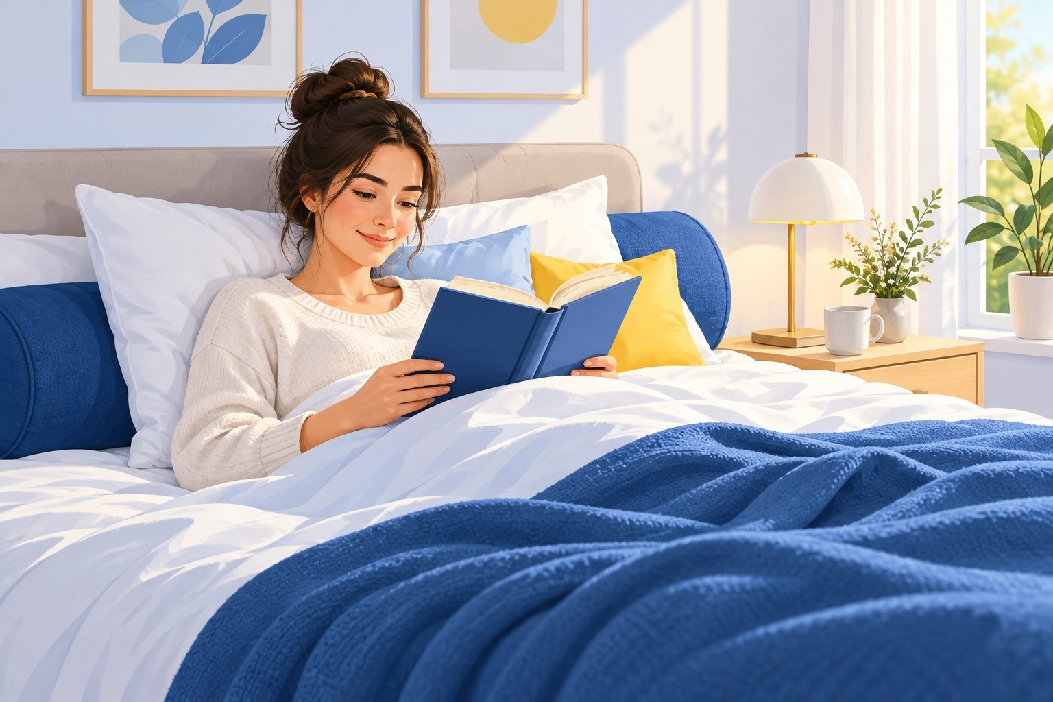 Femme qui lit un livre au lit, adossée à des oreillers et à un traversin, dans une chambre lumineuse