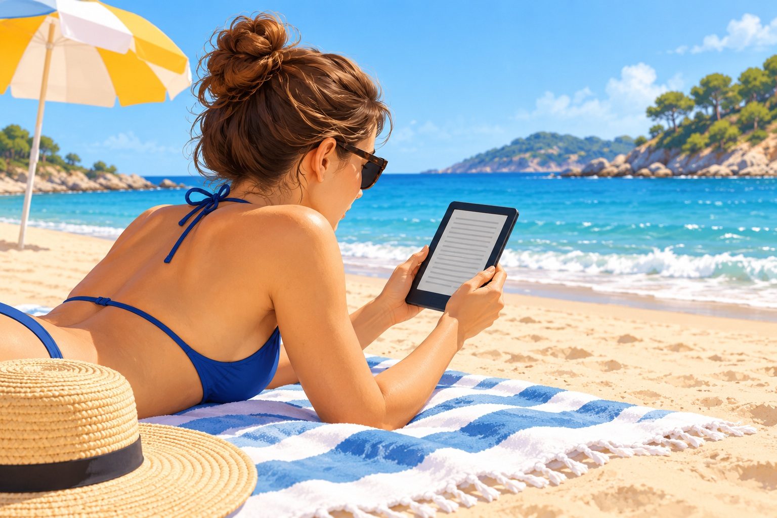 Lectrice allongée sur une plage ensoleillée avec une liseuse dans les mains