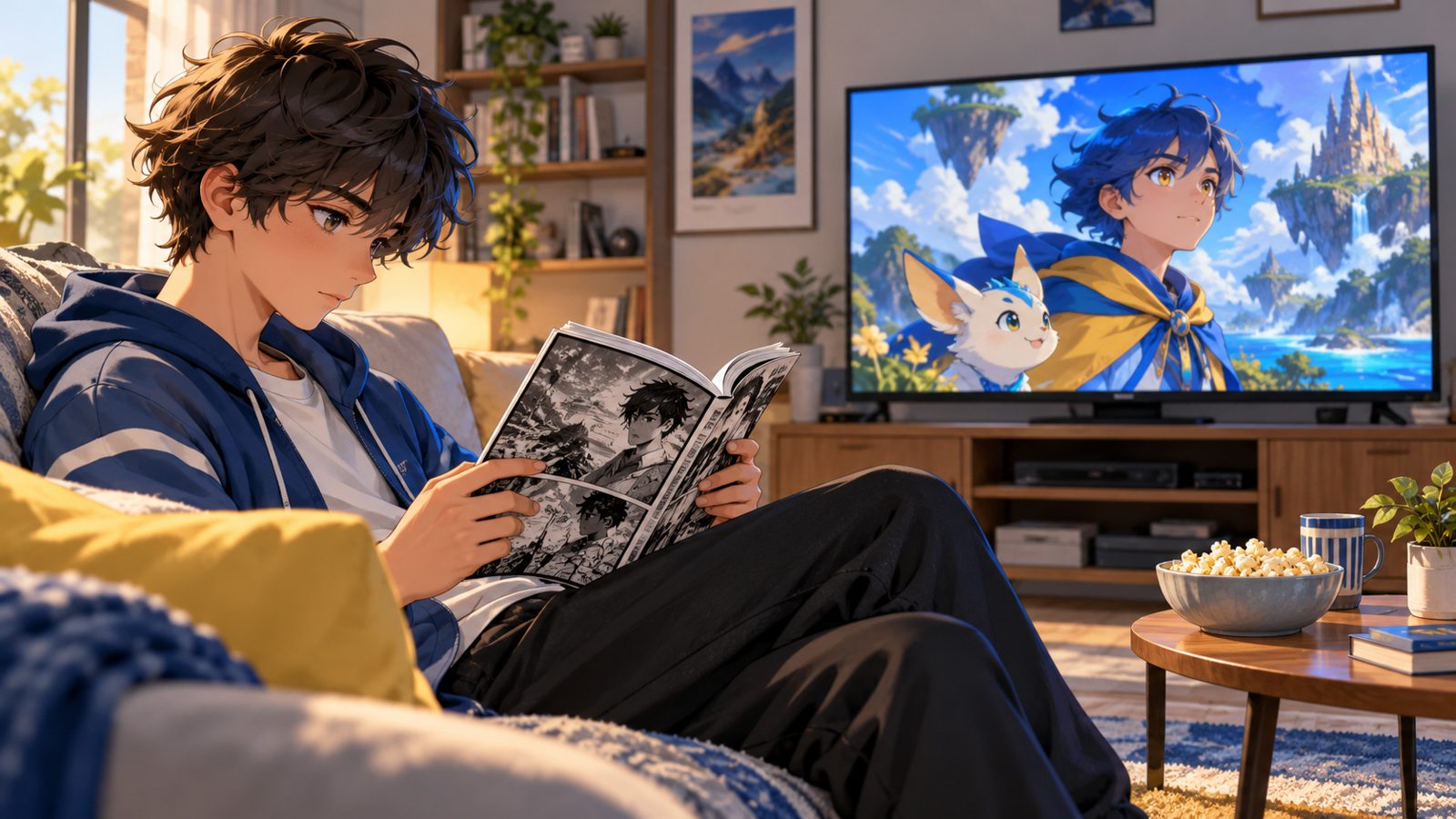 Adolescent assis sur un canapé qui lit un manga en noir et blanc pendant qu'une série animée colorée passe sur la télévision à côté de lui