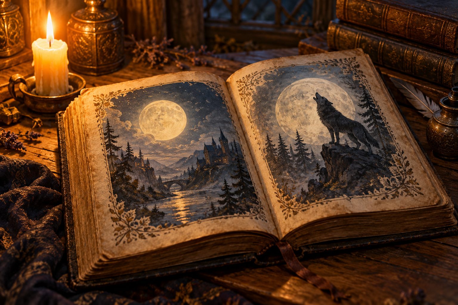 Livre de contes ancien illustré d'une pleine lune et d'un loup