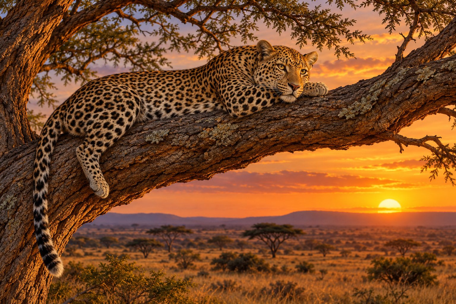 Léopard couché sur une grosse branche d'acacia dans la savane africaine au coucher du soleil