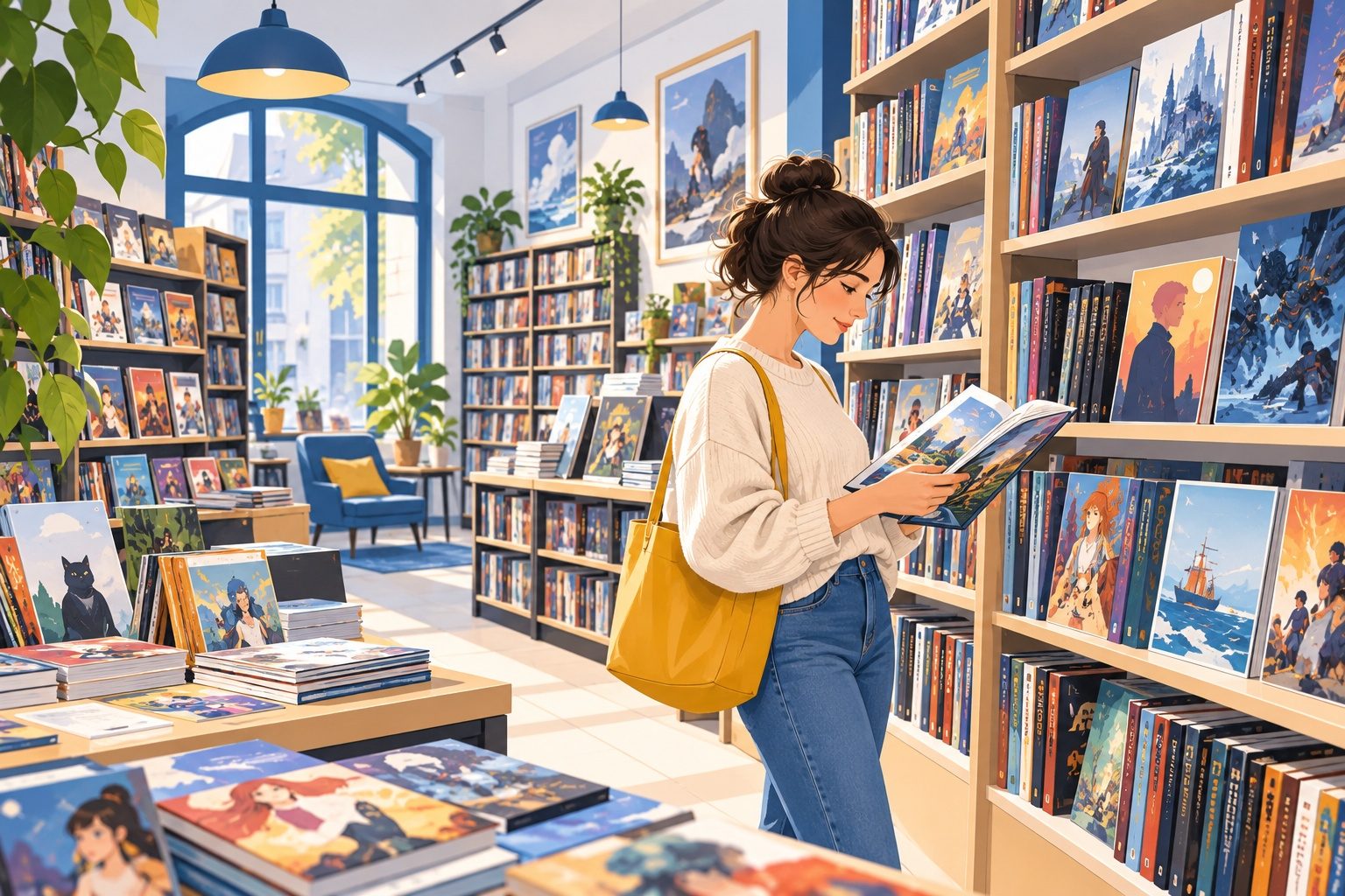 Rayon de librairie rempli d'albums de bandes dessinées colorés et de romans graphiques, avec une lectrice qui feuillette un livre