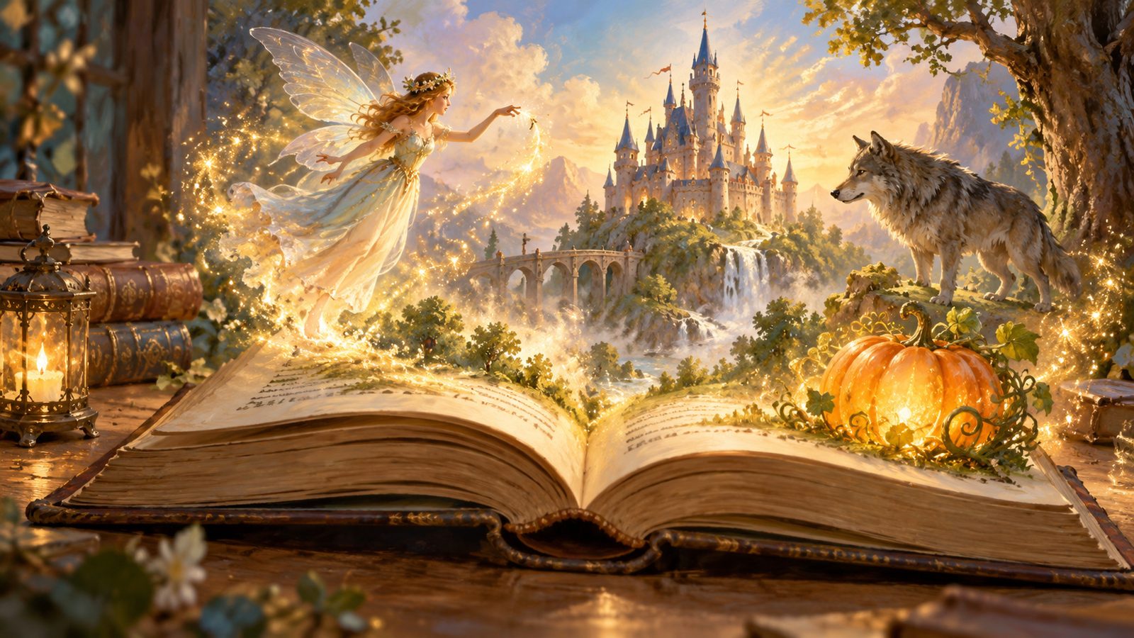 Grand livre de contes ouvert d'où s'échappent des illustrations de fée, de château, de loup et de citrouille magique