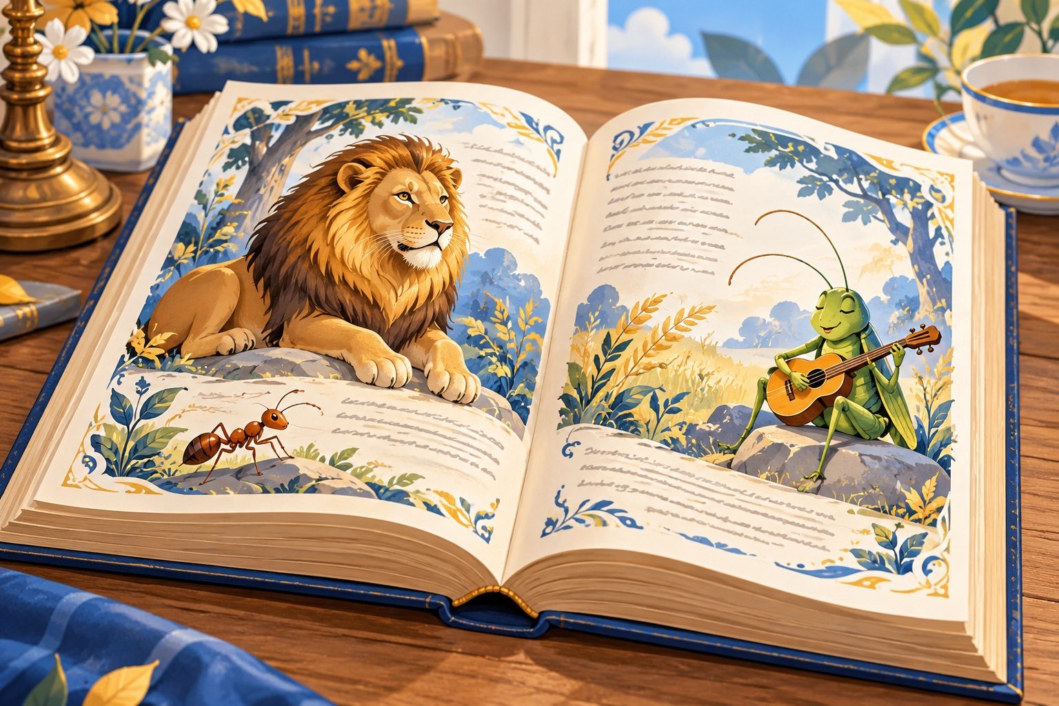 Vieux livre de fables illustré ouvert sur une table, avec des gravures d'animaux comme un lion, une fourmi et une cigale