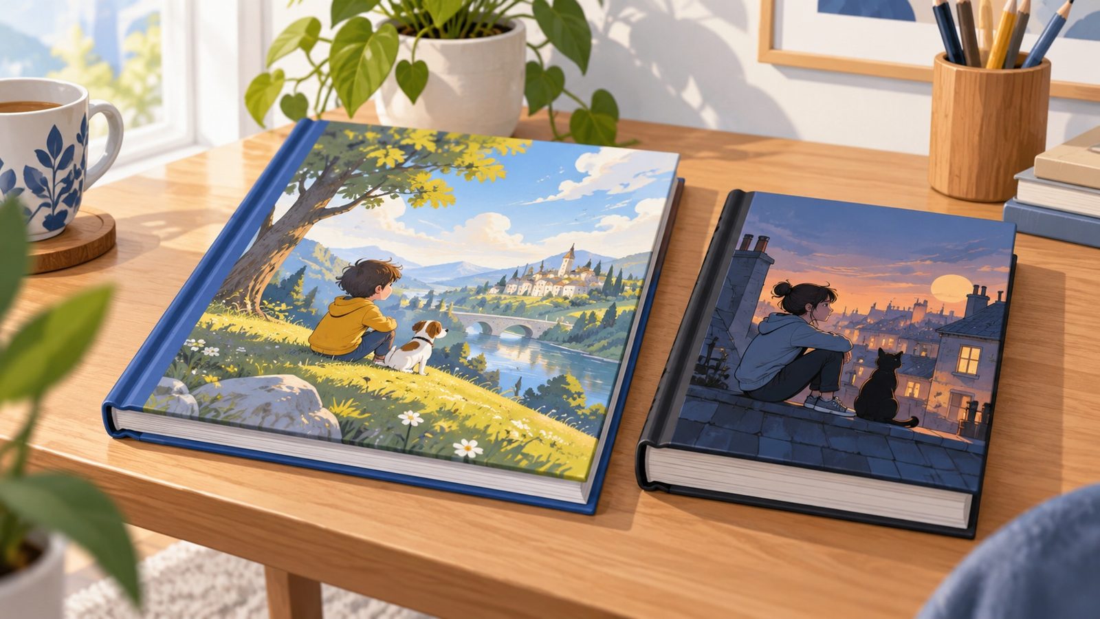 Album de bande dessinée cartonné et coloré posé à côté d'un épais roman graphique au format plus petit, sur une table en bois