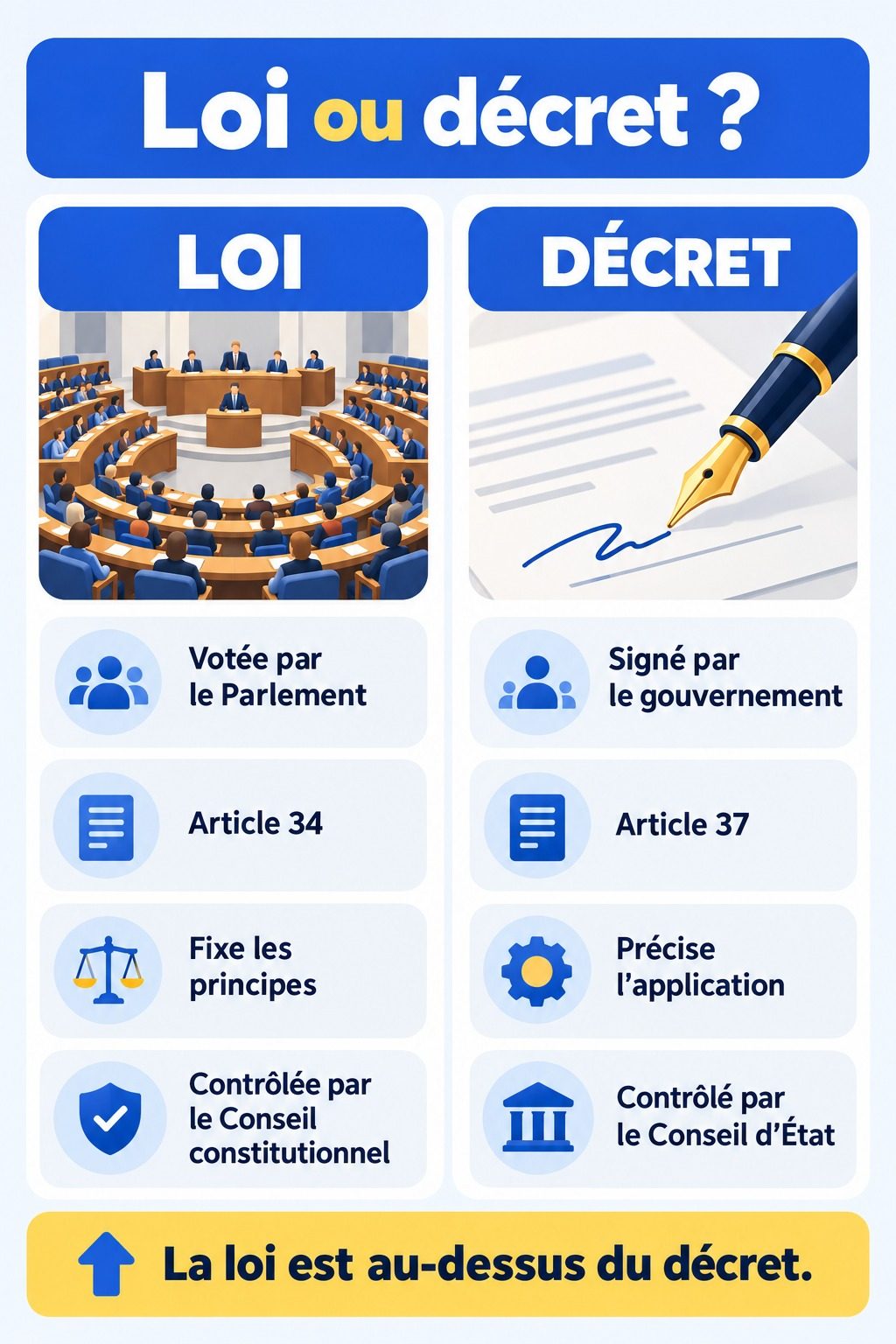 Différence entre une loi et un décret : infographie comparative