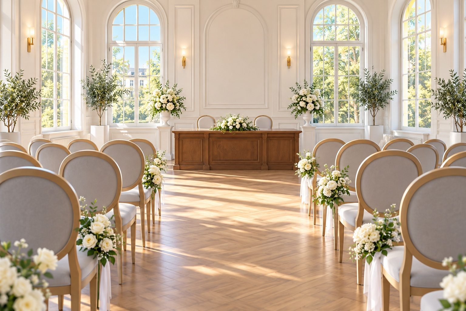 Salle des mariages d'une mairie avec des chaises alignées et un bureau décoré de fleurs