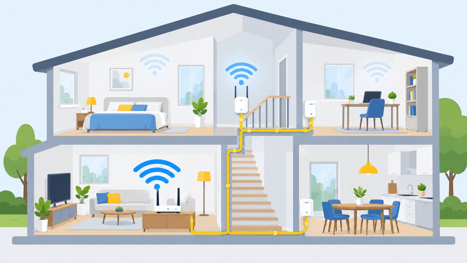 Maison en coupe sur deux étages, avec une box au rez-de-chaussée, le wifi qui faiblit à l'étage, un répéteur au milieu et des boîtiers CPL reliés par les fils électriques