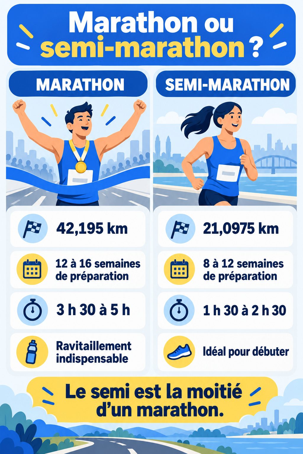 Différence entre marathon et semi-marathon : infographie comparative