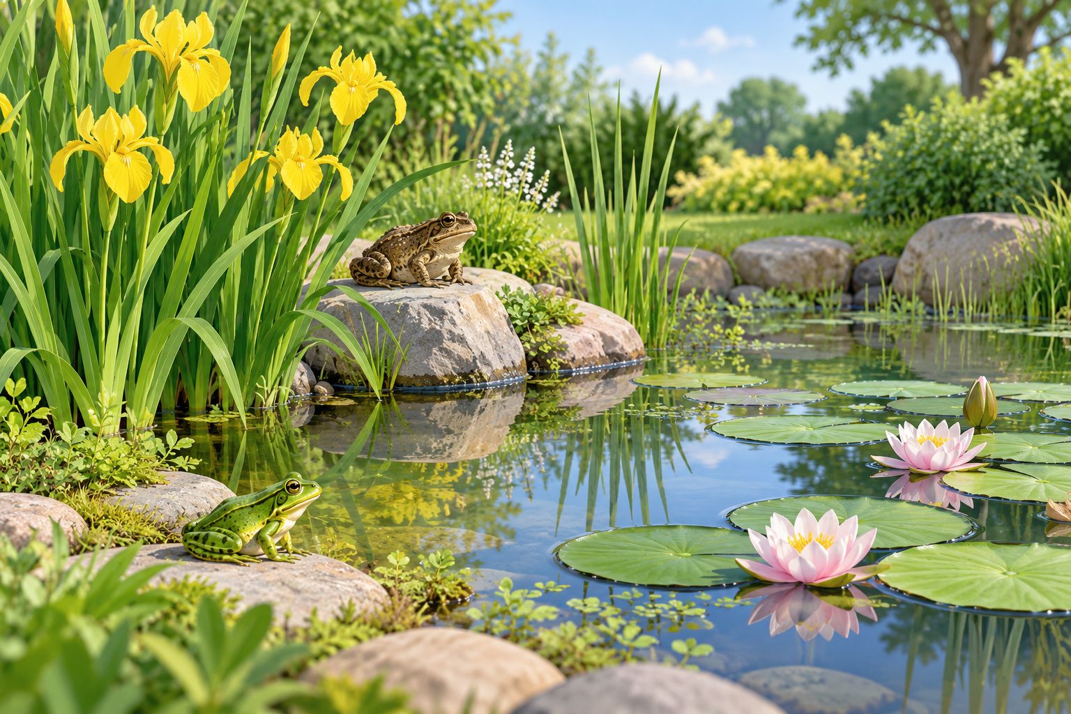 Petite mare de jardin avec des plantes aquatiques, une grenouille et un crapaud