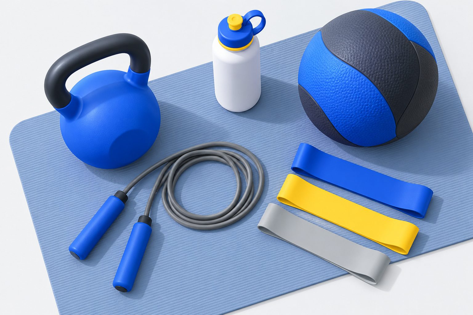 Matériel de cross training posé au sol : kettlebell, corde à sauter, médecine-ball, élastiques et tapis