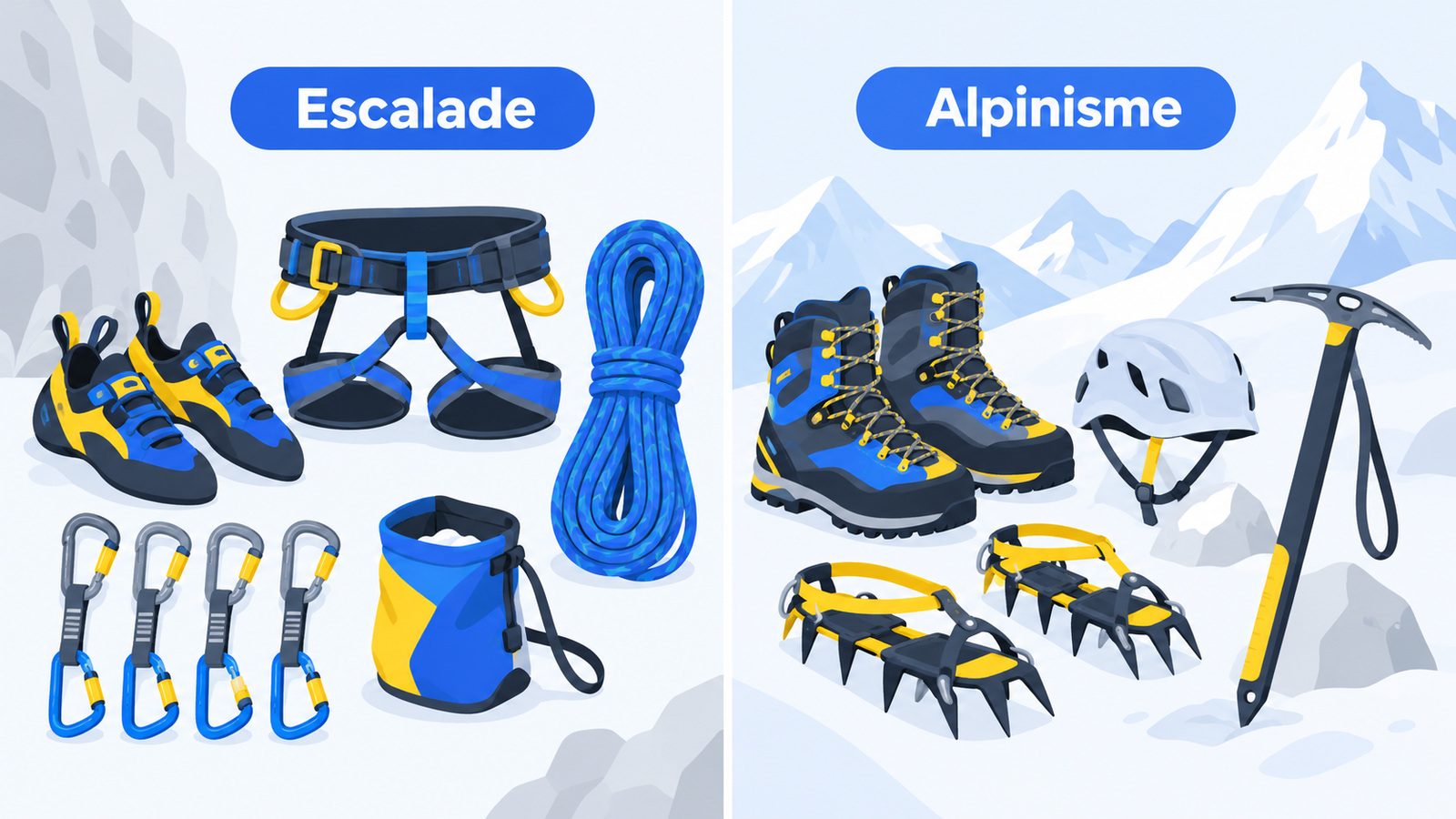 Comparaison du matériel d'escalade avec chaussons, baudrier, corde et dégaines, et du matériel d'alpinisme avec crampons, piolet, casque et chaussures de montagne