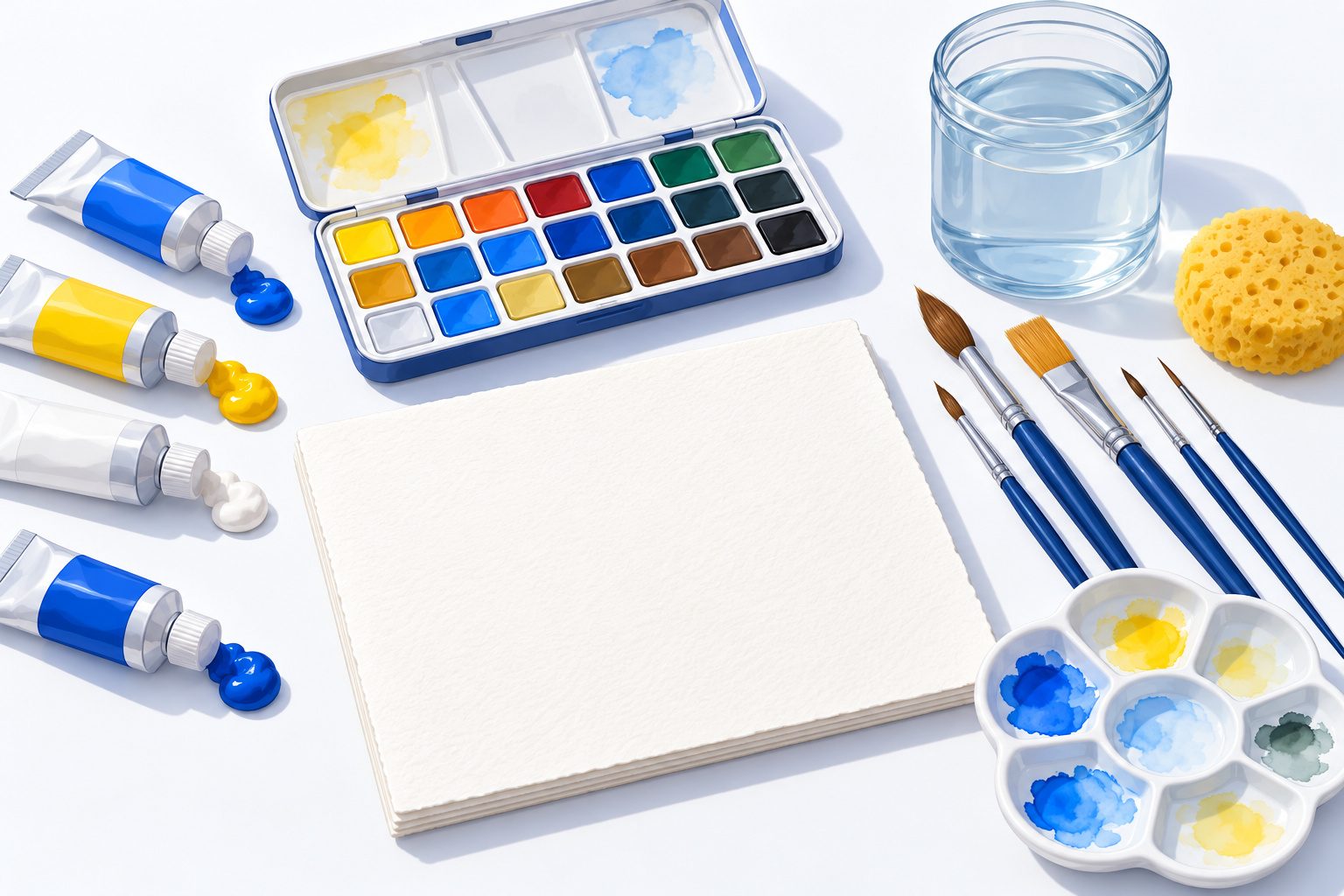 Matériel de gouache et d'aquarelle : tubes, godets, pinceaux, papier, palette